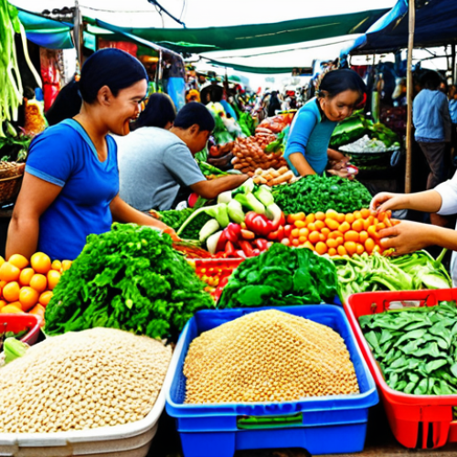 A vibrant and colorful vegetable market scene in Thailand, overflowing with fresh, local produce. Focus on leafy greens, seasonal vegetables, and a variety of beans and lentils, showcasing the plant-based emphasis of Blue Zones diets. Include smiling vendors and shoppers interacting.