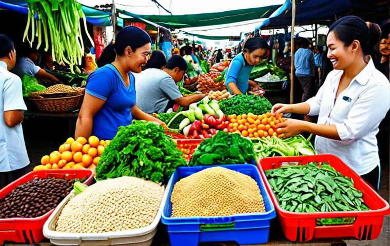 A vibrant and colorful vegetable market scene in Thailand, overflowing with fresh, local produce. Focus on leafy greens, seasonal vegetables, and a variety of beans and lentils, showcasing the plant-based emphasis of Blue Zones diets. Include smiling vendors and shoppers interacting.