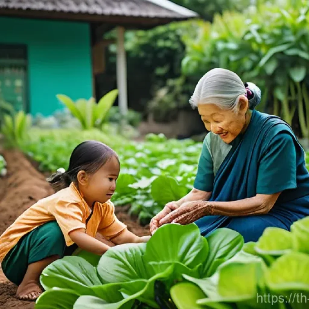 블루존 라이프스타일의 정신적 측면 - **Prompt:** "A serene scene of an elderly Thai grandmother, with kind eyes and a gentle smile, weari...