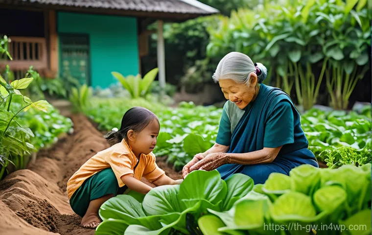 블루존 라이프스타일의 정신적 측면 - **Prompt:** "A serene scene of an elderly Thai grandmother, with kind eyes and a gentle smile, weari...