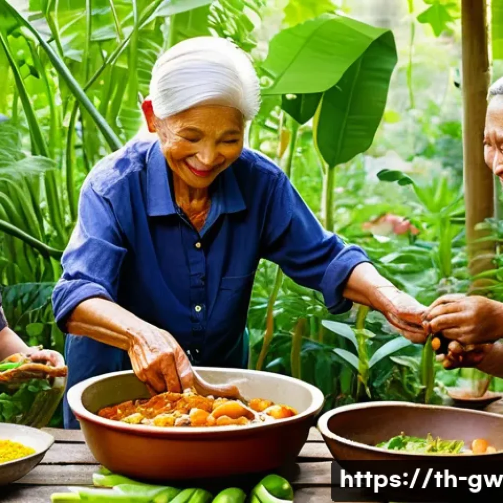블루존 지역의 자연과 인간의 조화 - **Prompt:** A vibrant, sun-drenched scene depicting an elderly Thai woman, her face adorned with gen...