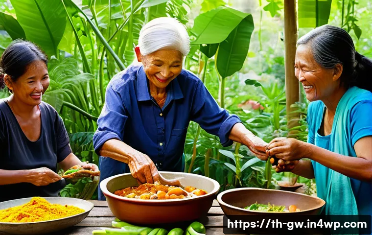 블루존 지역의 자연과 인간의 조화 - **Prompt:** A vibrant, sun-drenched scene depicting an elderly Thai woman, her face adorned with gen...