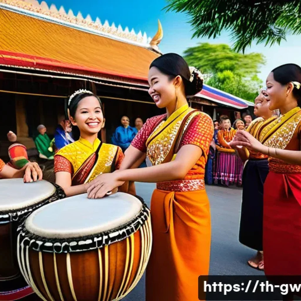 블루존에서의 전통 예술과 문화 - A vibrant scene depicting a multi-generational Thai community celebrating a traditional local festiv...
