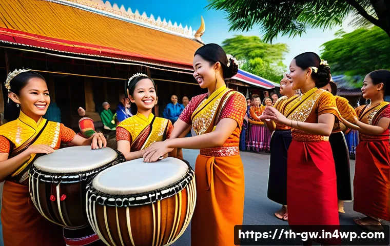 블루존에서의 전통 예술과 문화 - A vibrant scene depicting a multi-generational Thai community celebrating a traditional local festiv...