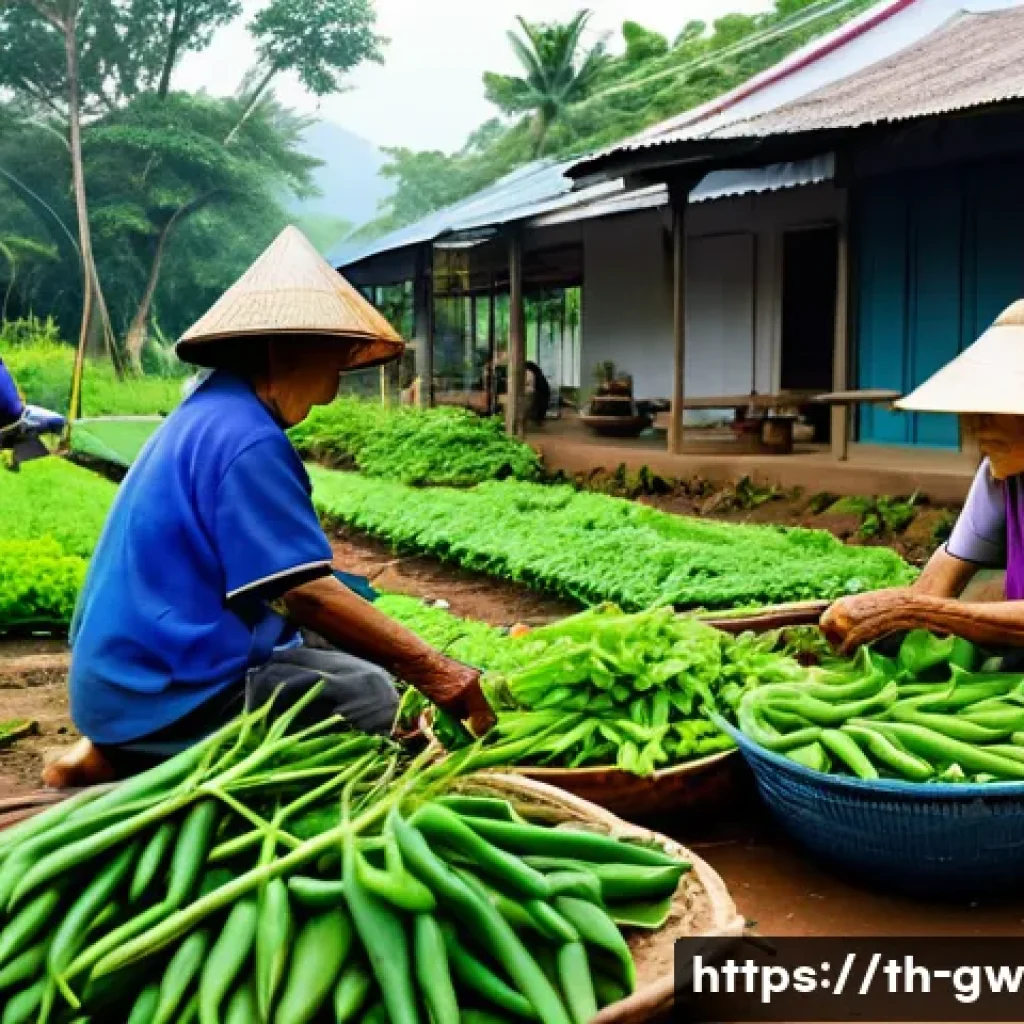 블루존 지역의 역사와 문화적 배경 - A vibrant outdoor scene in a Thai rural village during the morning, featuring local elderly people a...