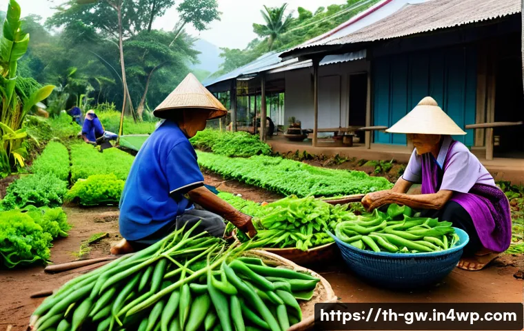 블루존 지역의 역사와 문화적 배경 - A vibrant outdoor scene in a Thai rural village during the morning, featuring local elderly people a...