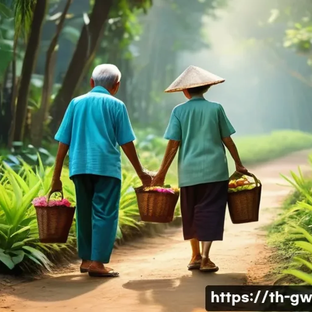 블루존에서의 일상적인 활동 - A serene morning scene in a small Thai village within the Blue Zone, showing an elderly couple walki...