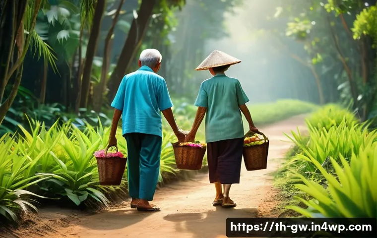 블루존에서의 일상적인 활동 - A serene morning scene in a small Thai village within the Blue Zone, showing an elderly couple walki...