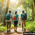 Home 22 블루존 라이프스타일을 위한 커뮤니티 모임 - A diverse group of adults engaging in a community hiking activity in a lush green forest park in Tha...