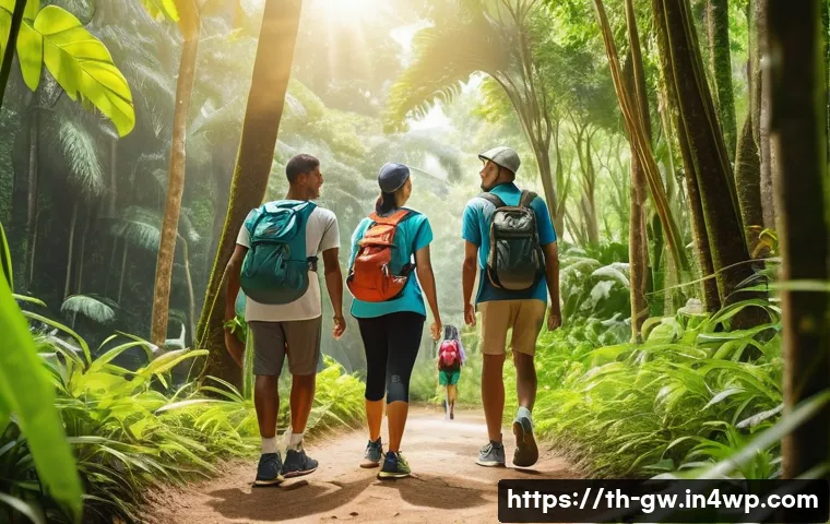 블루존 라이프스타일을 위한 커뮤니티 모임 - A diverse group of adults engaging in a community hiking activity in a lush green forest park in Tha...