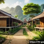 Home 21 블루존 지역의 생태적 접근법 - A serene Thai village scene showing traditional houses built with natural materials such as bamboo, ...