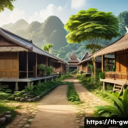 Home 33 블루존 지역의 생태적 접근법 - A serene Thai village scene showing traditional houses built with natural materials such as bamboo, ...