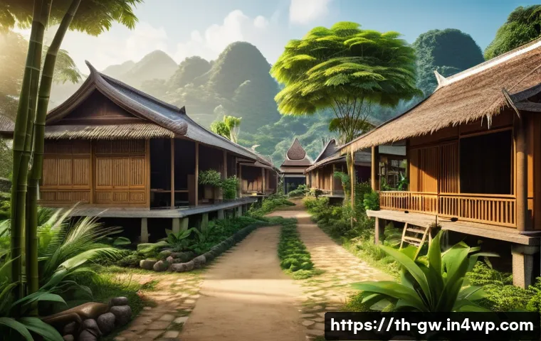 블루존 지역의 생태적 접근법 - A serene Thai village scene showing traditional houses built with natural materials such as bamboo, ...