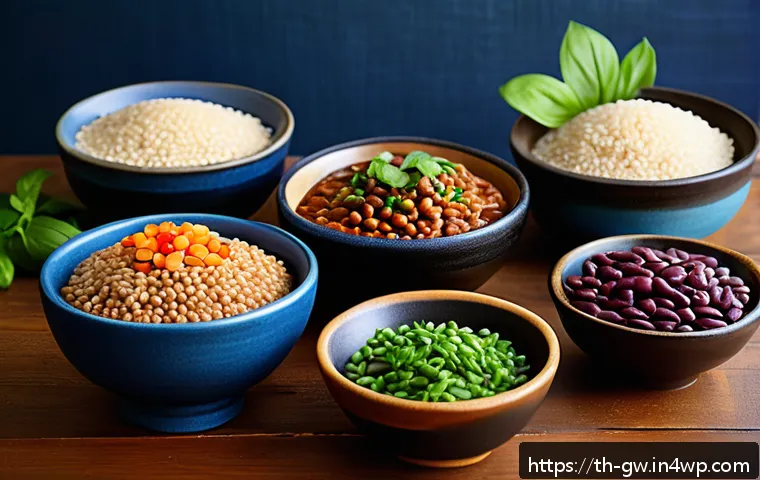 블루존 식단의 필수 음식 목록 - A vibrant, detailed still life composition of a traditional Thai Blue Zone meal featuring a variety ...