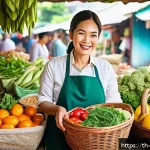 Home 19 블루존 생활방식으로의 전환 과정 - A vibrant and colorful scene of a traditional Thai market stall filled with fresh seasonal fruits, l...