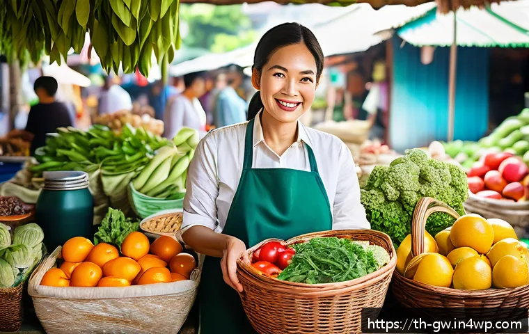 블루존 생활방식으로의 전환 과정 - A vibrant and colorful scene of a traditional Thai market stall filled with fresh seasonal fruits, l...