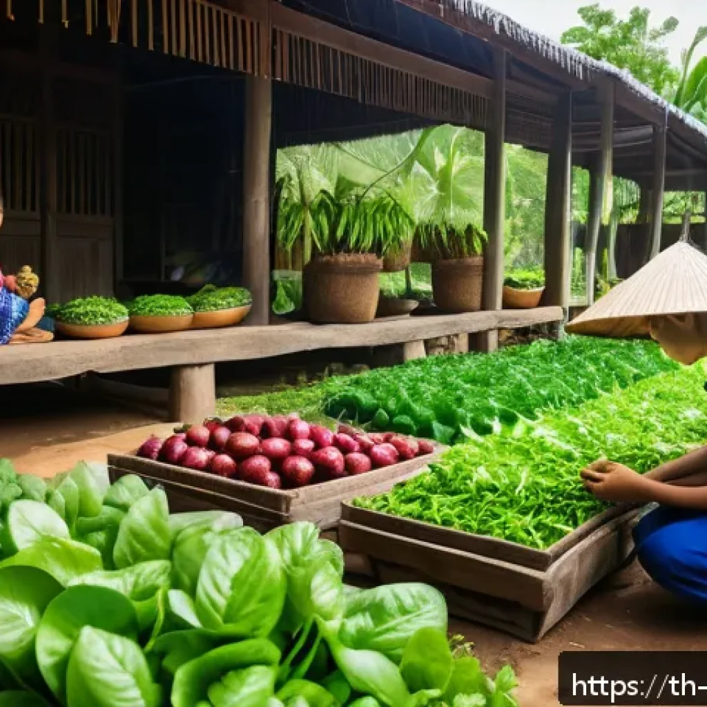 블루존 지역의 전통 문화와 관습 - A serene outdoor scene in a traditional Thai village setting, featuring a diverse family gardening t...