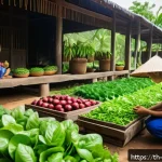 Home 18 블루존 지역의 전통 문화와 관습 - A serene outdoor scene in a traditional Thai village setting, featuring a diverse family gardening t...