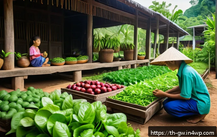 블루존 지역의 전통 문화와 관습 - A serene outdoor scene in a traditional Thai village setting, featuring a diverse family gardening t...