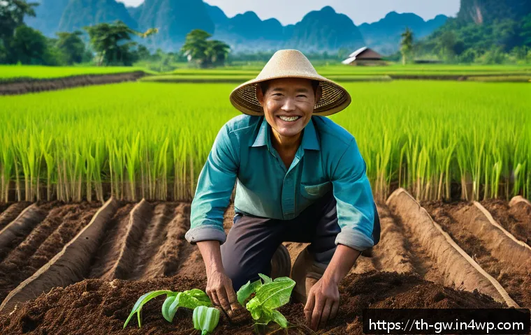 블루존에서의 농업과 식량 생산 - A vibrant and detailed organic farm scene in Thailand showcasing sustainable soil management: a farm...