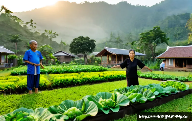 Home 30 블루존 라이프스타일의 글로벌 영향 - Photorealistic sunrise lifestyle scene in a peaceful northern Thai village, active Thai older adults...