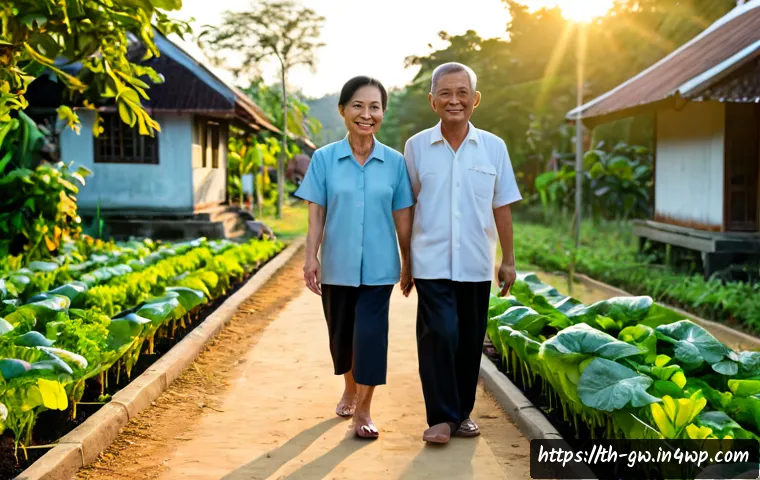블루존 생활방식에 대한 FAQ - Photorealistic lifestyle scene in a peaceful rural Thai village at sunrise, active older Thai couple...