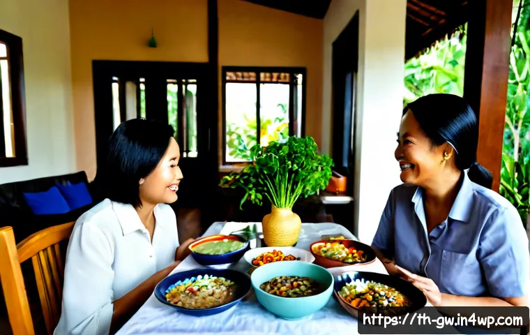 블루존 지역의 건강한 식습관 - Photorealistic Thai family sharing a Blue Zone inspired plant-forward dinner at a warm wooden dining...